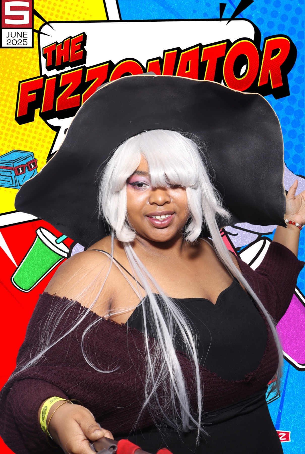 AI background-removal composite setting a guest into a pop-art comic-book 'Fizzonator' scene