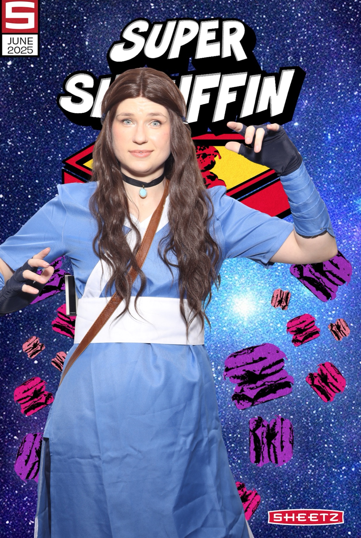Background-swap composite placing a guest against a deep-space 'Super Shmuffin' galaxy backdrop