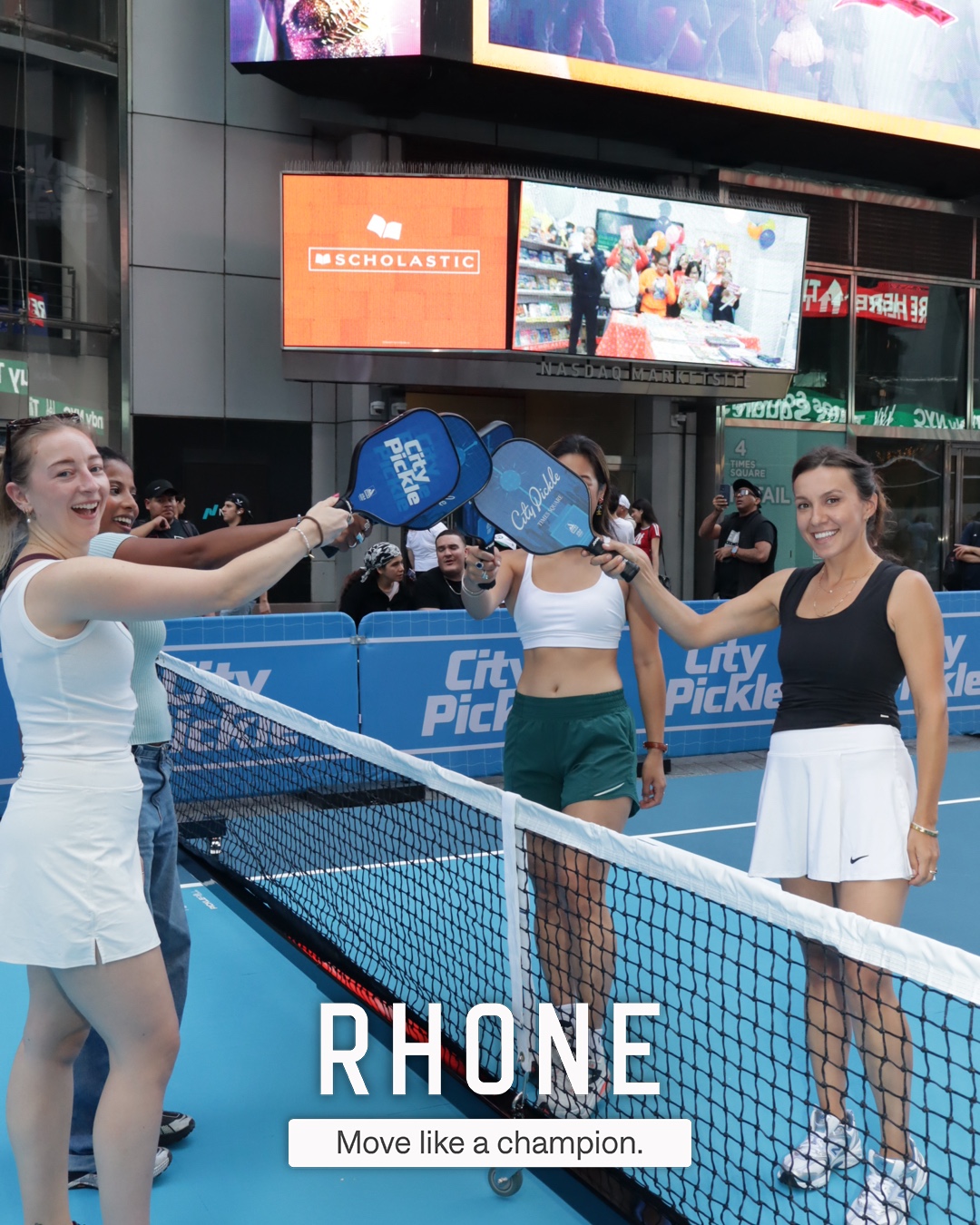 Guests captured mid-motion on the City Pickle court at the Rhone activation, branded overlay applied