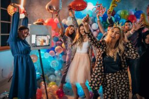 A photo booth at a birthday party.