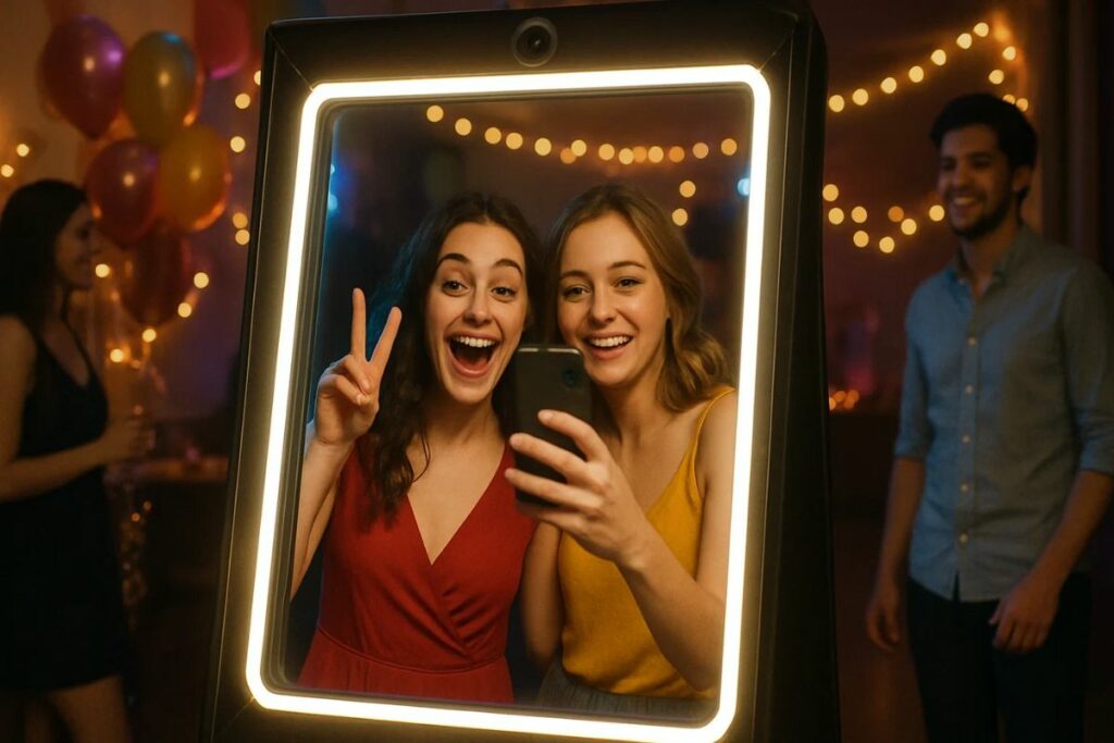 Friends taking a photo in a mirror photo booth