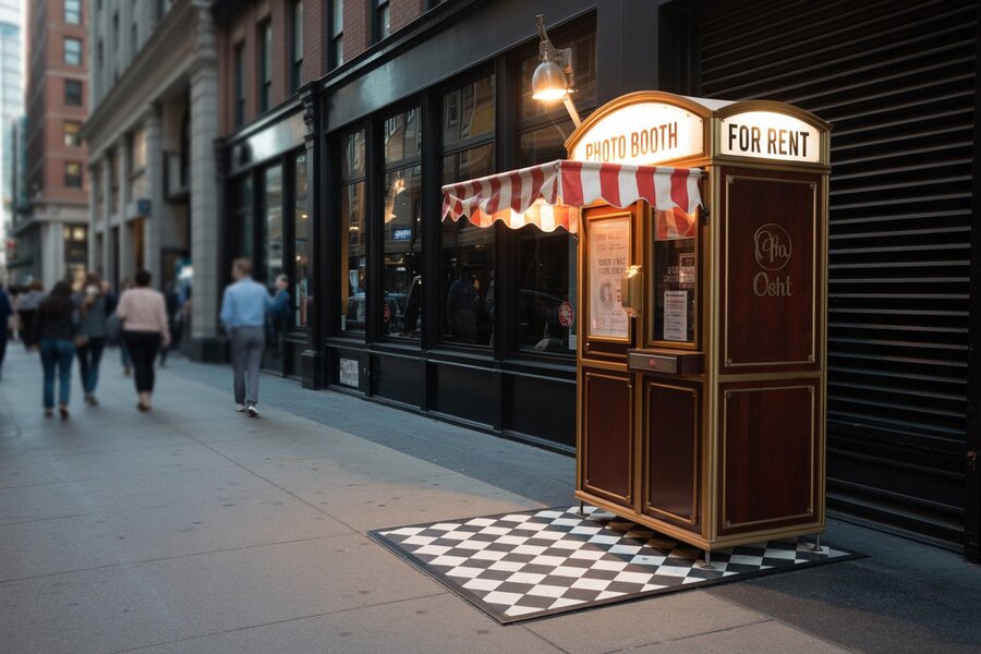 Classic photo booth rental station on city street with FOR RENT sign.