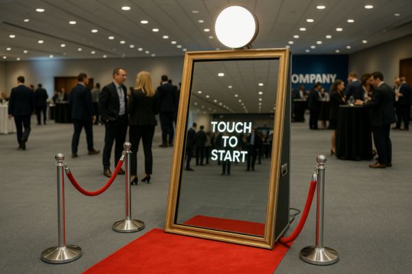 A mirror photo booth setup in a corporate event.