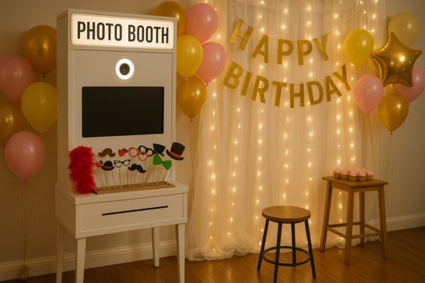A photo booth at a birthday party.